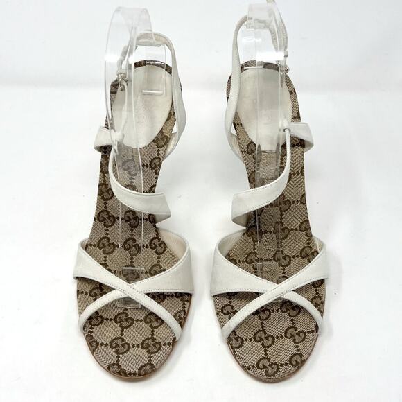 Gucci Mystic White Suede GG Monogram Strappy Stiletto Sandals 8.5B - Picture 2 of 10